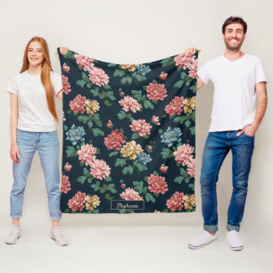 Vintages, farbiges Peony-Muster auf schwarzem Hint Fleecedecke