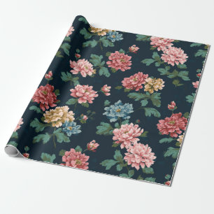 Vintages, farbiges Peony-Muster auf schwarzem Hint Geschenkpapier