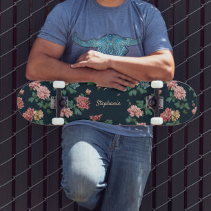 Vintages, farbiges Peony-Muster auf schwarzem Hint Skateboard