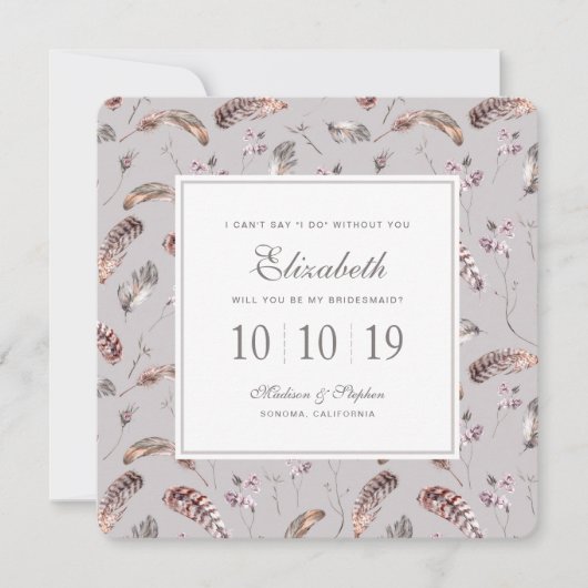 Vintages Federn- und Blumenmuster - Bridesmädchen Einladung (Vorderseite)