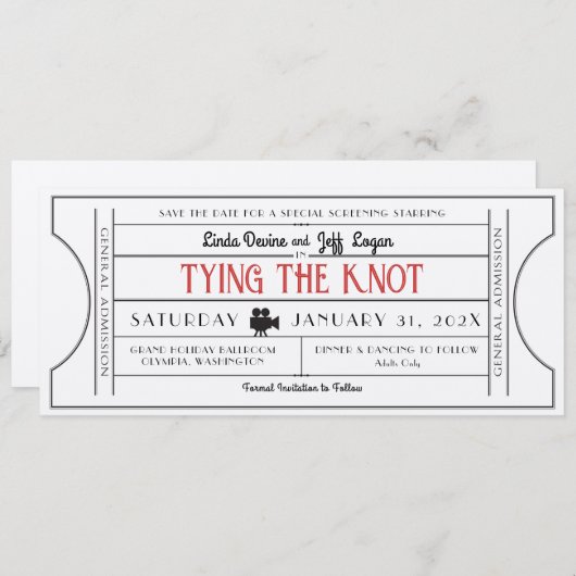 Vintages Filmticket Save the Date Einladung (Vorne/Hinten)