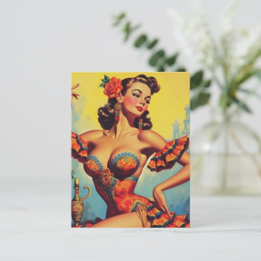 Vintages Flamenco-Button Postkarte (Stehend Vorderseite)