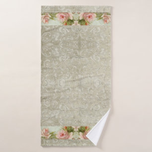 Vintages Flora-Aquarell Rosa Damask Badhandtuch Set