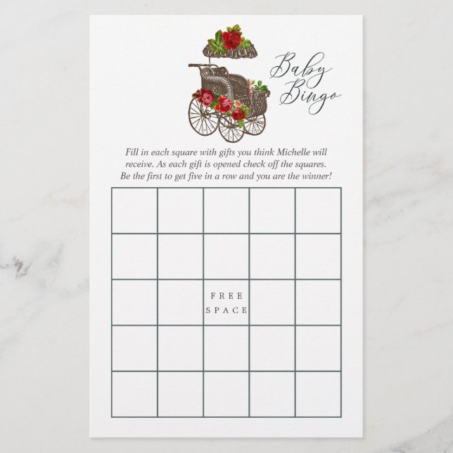 Vintages Floral Baby Carriage Baby Shooting Bingo (Vorderseite)