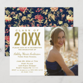 Vintages Floral Blue Gold Graduation Party Foto Einladung