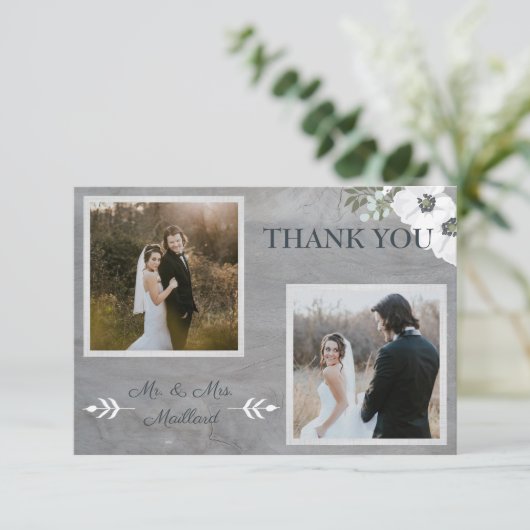 Vintages Floral Zwei Foto Dankeskarte (Stehend Vorderseite)