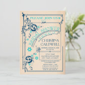 Vintages florales Blüh Navy Aqua Brautparty Einladung (Stehend Vorderseite)