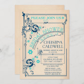 Vintages florales Blüh Navy Aqua Brautparty Einladung (Vorne/Hinten)