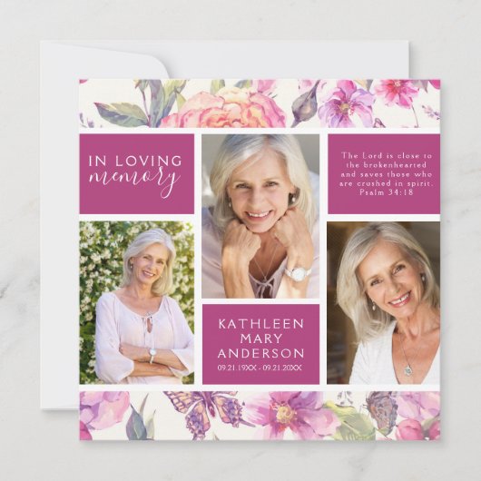 Vintages florales Foto Collage Beerdigung Beileid Dankeskarte (Vorderseite)