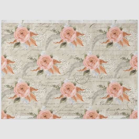 Vintages florales Peach Script Ephemera Decoupage Seidenpapier (Vorderseite)