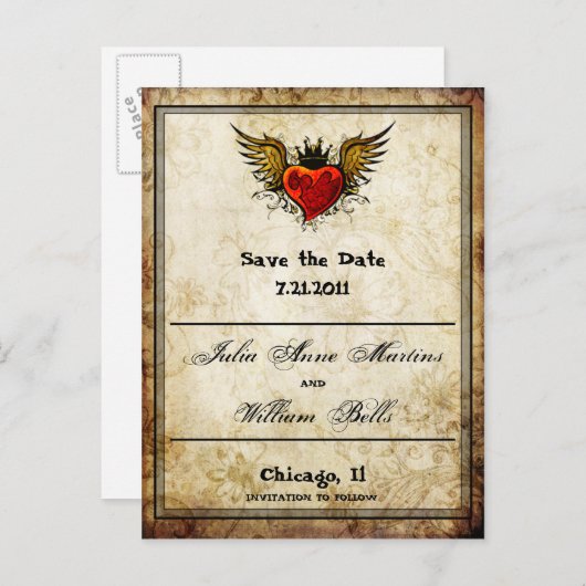 Vintages Flügelherz Save the Date Postkarten (Vorne/Hinten)