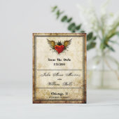 Vintages Flügelherz Save the Date Postkarten (Stehend Vorderseite)