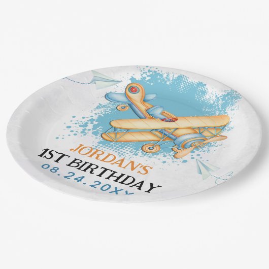 Vintages Flugzeug 1. Geburtstag Party Pappteller (Schrägansicht)