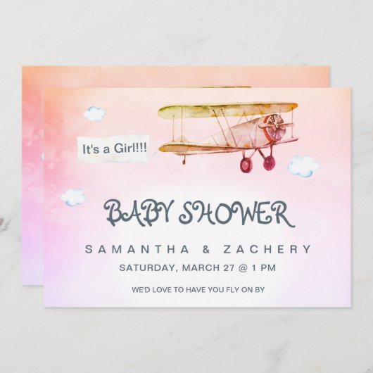 *~* Vintages Flugzeug Clouds Banner Babydusche Einladung (Vorne/Hinten)