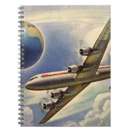Vintages Flugzeug, das in Wolken um die Welt flieg Notizblock