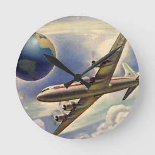 Vintages Flugzeug, das in Wolken um die Welt flieg Runde Wanduhr