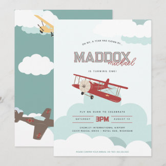 Vintages Flugzeug fliegt mit dem ersten Geburtstag Einladung