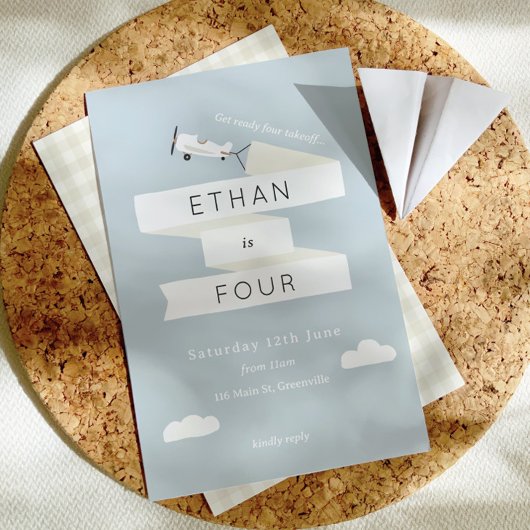 Vintages Flugzeug mit Banner-Kindergeburtstag lade Einladung