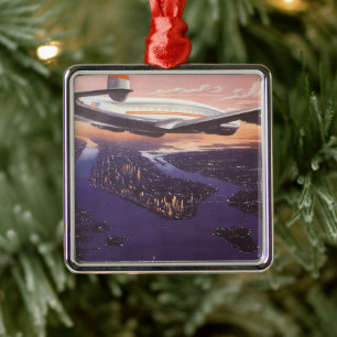 Vintages Flugzeug über dem Hudson River, New York  Silbernes Ornament
