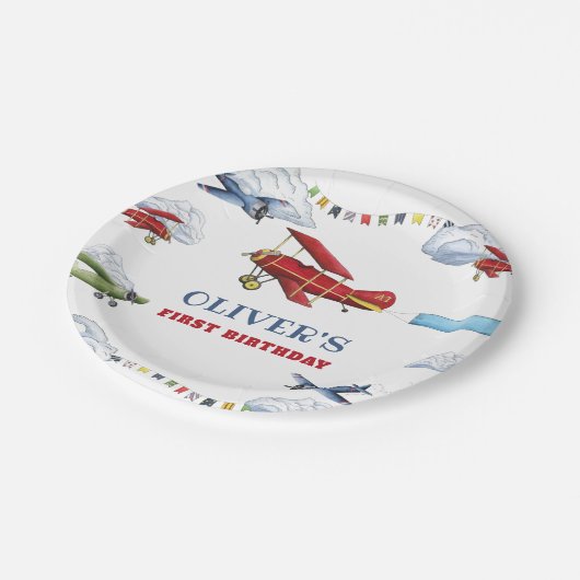 Vintages Flugzeug zum ersten Geburtstag Teller (Schrägansicht)