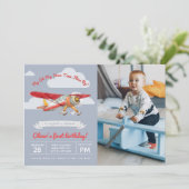 Vintages Flugzeug zum Geburtstag, Foto Einladung (Stehend Vorderseite)