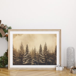 Vintages Foggy Pine Tree Forest Christmas Poster