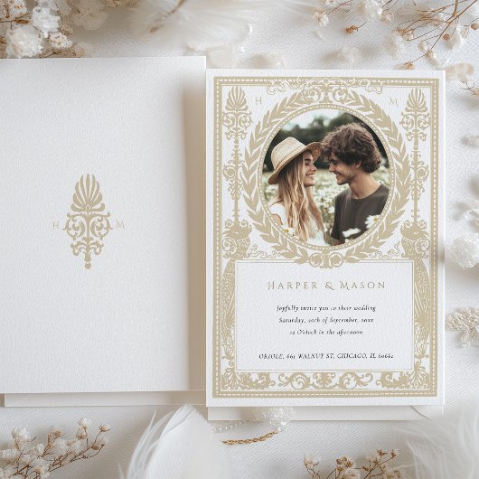 Vintages Foto Hochzeit Verziert Laurel Einladung
