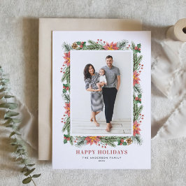 Vintages Foto Wasserfarbe Poinsettia und Grün Feiertagskarte