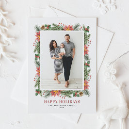 Vintages Foto Wasserfarbe Poinsettia und Grün Feiertagspostkarte