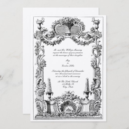 Vintages französisches Barock Rokoko Blumenstrauß Einladung (Vorne/Hinten)