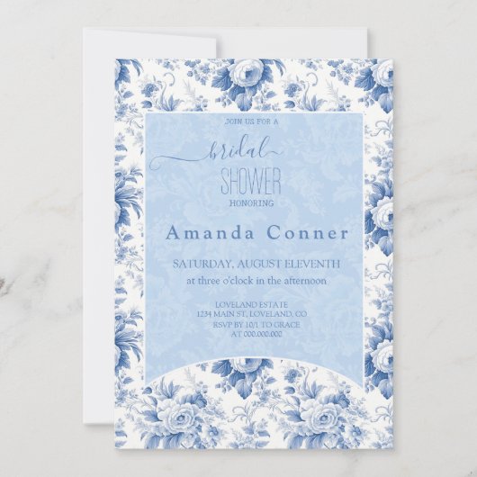 Vintages Französisches Blumentoilblau Brautparty Einladung (Vorderseite)