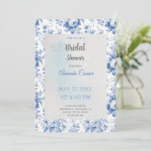 Vintages Französisches Blumentoilblau Brautparty Einladung (Stehend Vorderseite)