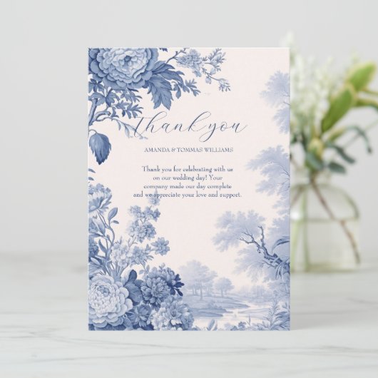 Vintages Französisches Blumentoilblau Dankeskarte (Stehend Vorderseite)