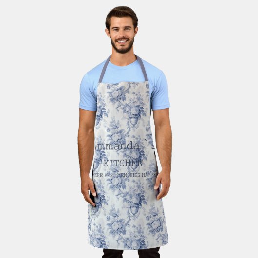 Vintages Französisches Blumentoilblau Schürze (Getragen)