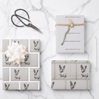 Vintages französisches Bulldog-Birthday-Wrapping-P Geschenkpapier Set