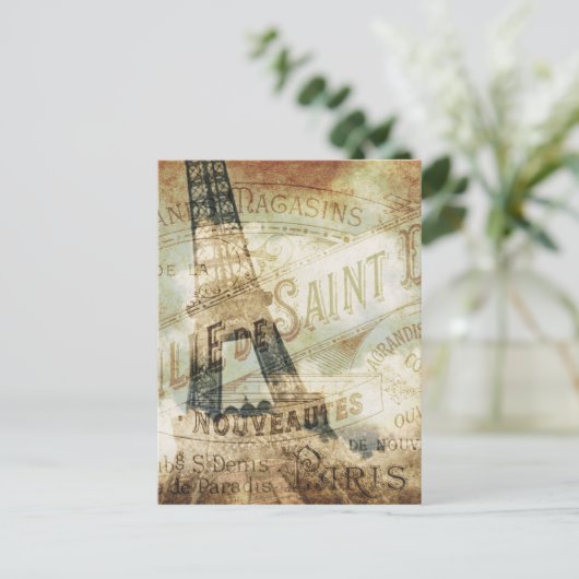 Vintages französisches Label und Eiffelturm Postkarte (Stehend Vorderseite)