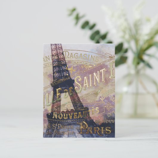 Vintages französisches Label und Eiffelturm Postkarte (Stehend Vorderseite)
