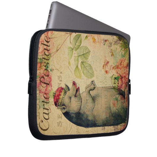 Vintages französisches Postkartenschwein mit Krone Laptopschutzhülle (Vorne Rechts)