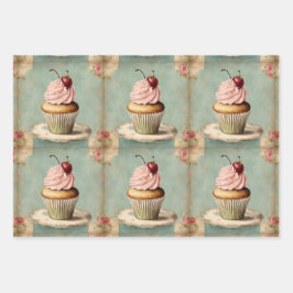 Vintages Französisches Rosa Cupcake Geburtstagsjau Geschenkpapier Set