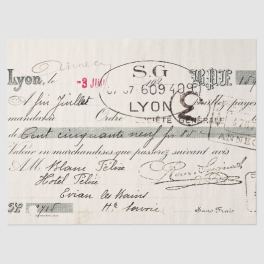 Vintages französisches Script-Lyon-Rechnung Decoup Seidenpapier (Vorderseite)