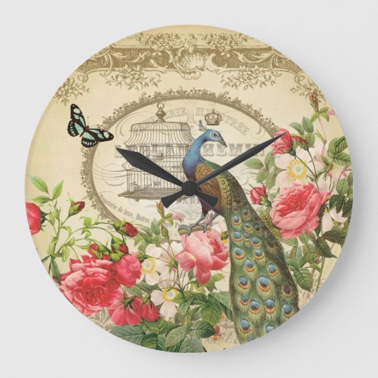 Vintages französisches Shabby Chic Peacock Große Wanduhr (Vorderseite)