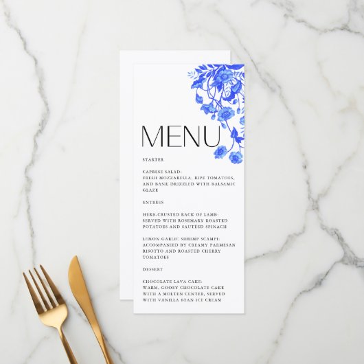 Vintages französisches Toile Floral Blue Brautpart Menükarte (Vorderseite/Rückseite Beispiel)