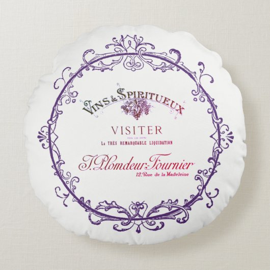 Vintages französisches Weinetikett Rundkissen Rundes Kissen (Vorderseite)