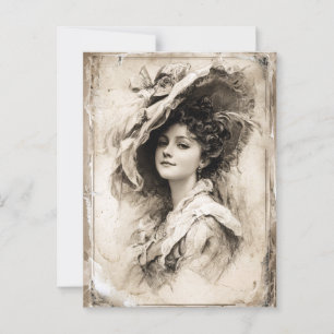 Vintages Frauenportrait mit elegantem Hut Postkarte