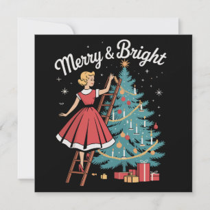 Vintages, fröhliches Mädchen, das Weihnachtsbaum d Feiertagskarte