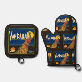 Vintages Fruchtetikett Orangen auf schwarz Ofenhandschuh & Topflappen-Set