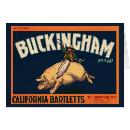 Vintages Fruchtkorb Label Cowboy on Pig Rodeo (Vorderseite (Horizontal))