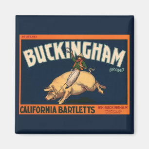 Vintages Fruchtkorb Label Cowboy on Pig Rodeo Magnet