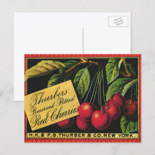 Vintages Fruchtkorb-Label Kunst, Baumkirschen Postkarte