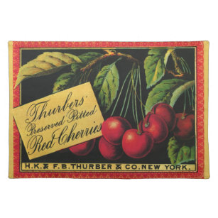 Vintages Fruchtkorb-Label Kunst, Baumkirschen Stofftischset